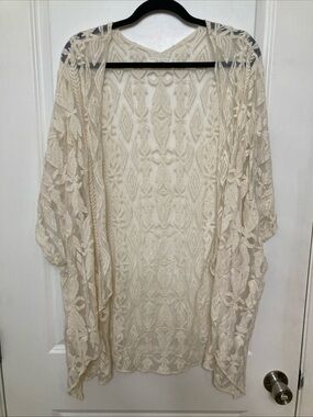 Final Touch Lace Duster Kimono Cover Up Cardigan Ivory Floral Boho Sheer One Sz